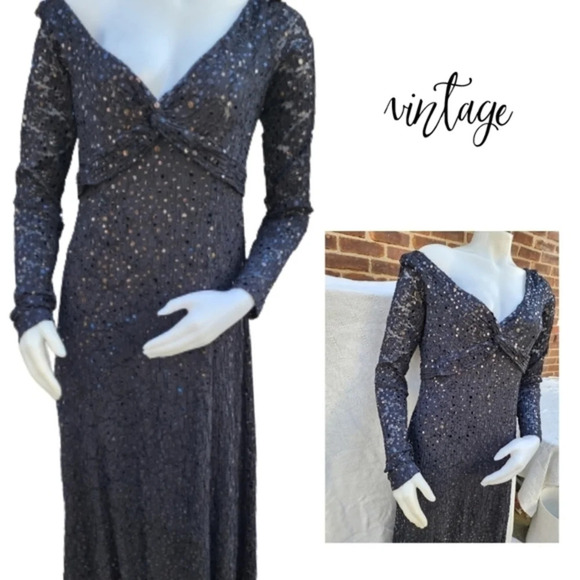 Tom and Linda Platt Black sequin 90s Gown‎ 14 - Picture 1 of 16